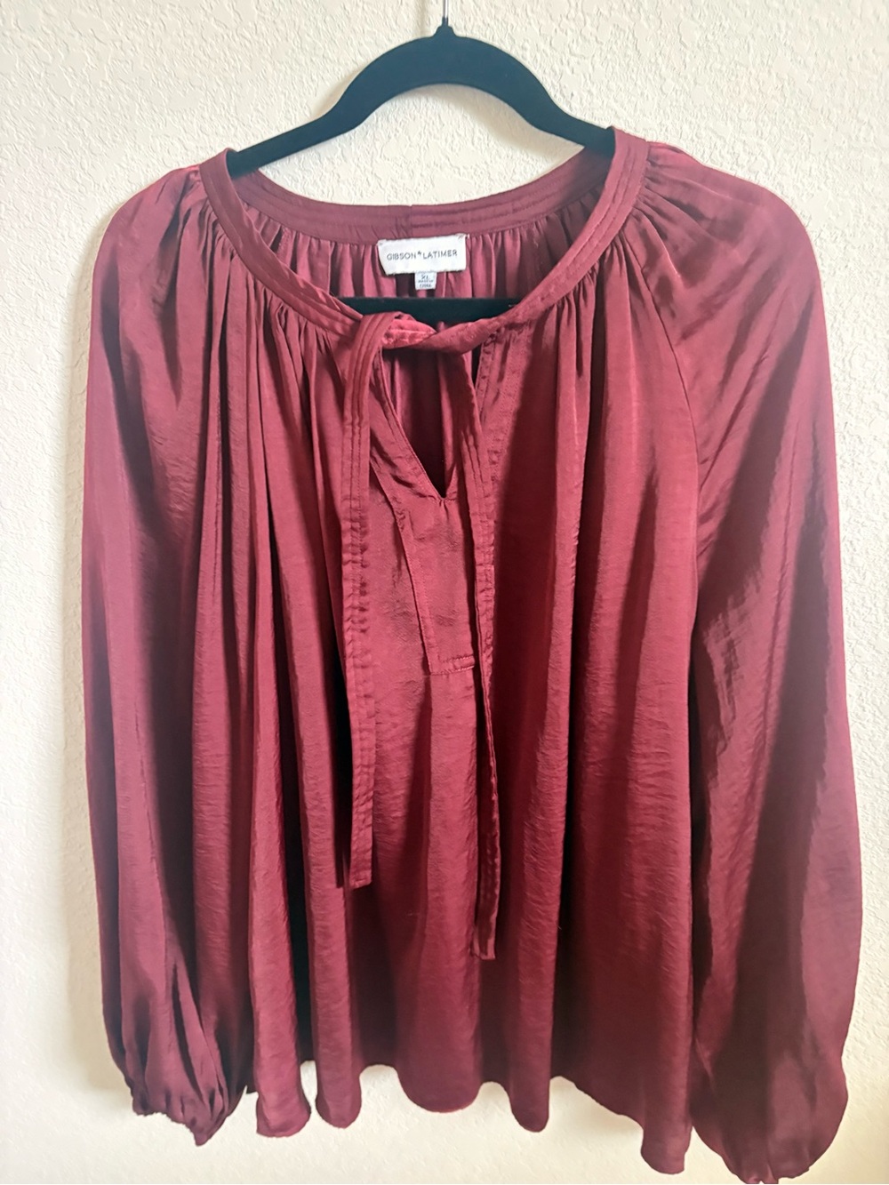Gibson Latimer Blouse Womens XL Burgundy Satin Tie Neck Balloon Sleeve Peasant
